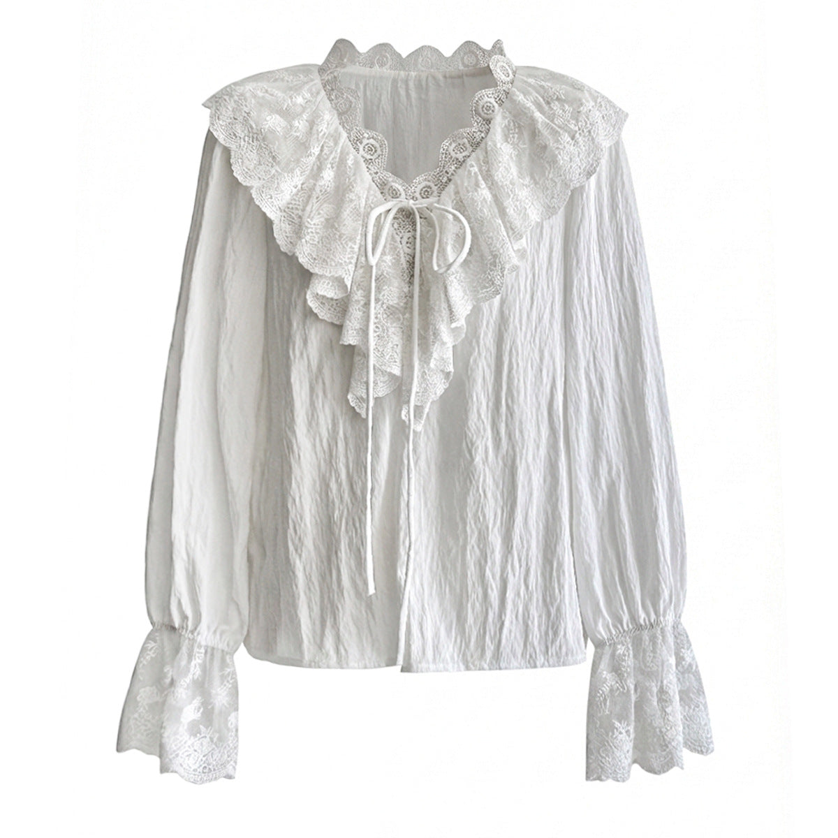 French V-Neck Lace Shirt Women's 26 Early Spring Gentle Wind Lace-Up Flared Sleeve Shirt