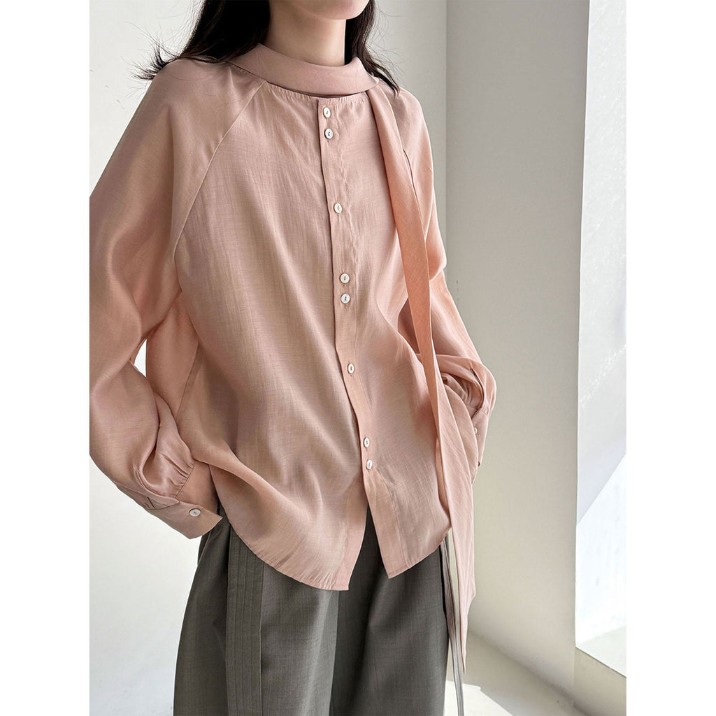 French gentle stand-up collar streamer long-sleeved shirt women's early spring new temperament versatile shirt