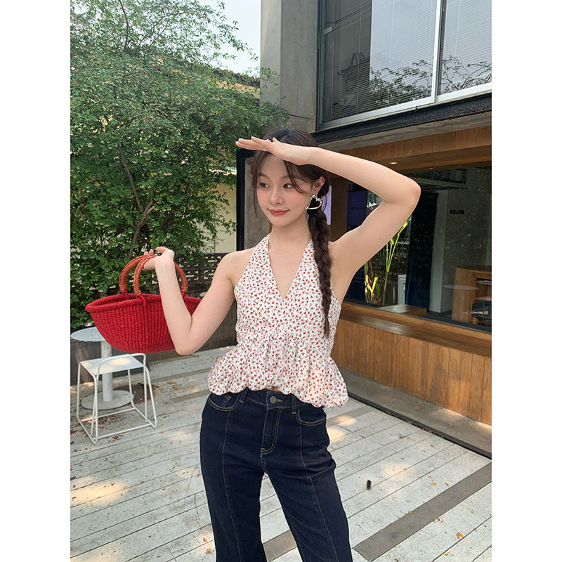 Sweet and spicy floral v-neck vest hanging neck, waist and outer sling