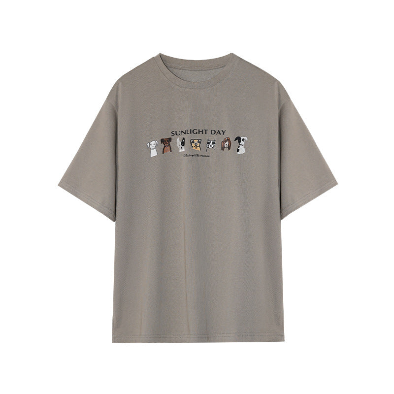 Early Spring Casual Crew Neck Puppy Print Shoulder Short Sleeve T-Shirt Top