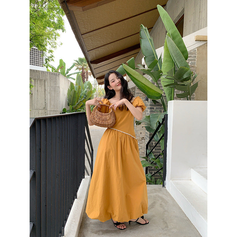 Square Neck Bubble Sleeve Maxi Dress