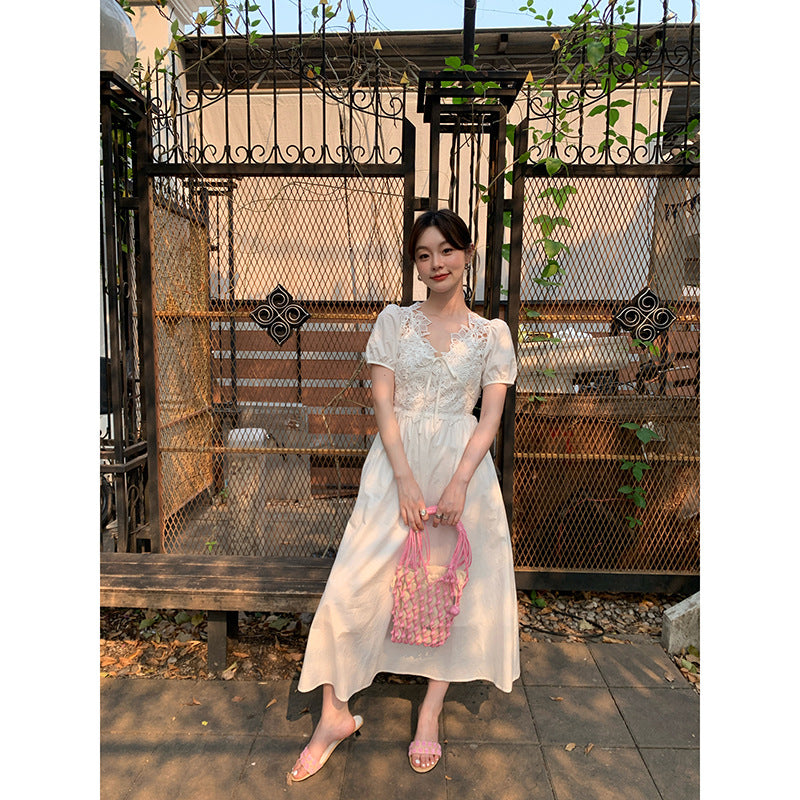 Summer French Stunning Waist Lace Heavy Industry Short Sleeve Dress