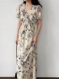 French classic ink painting floral one-piece dress, summer new high-end coffee break dress