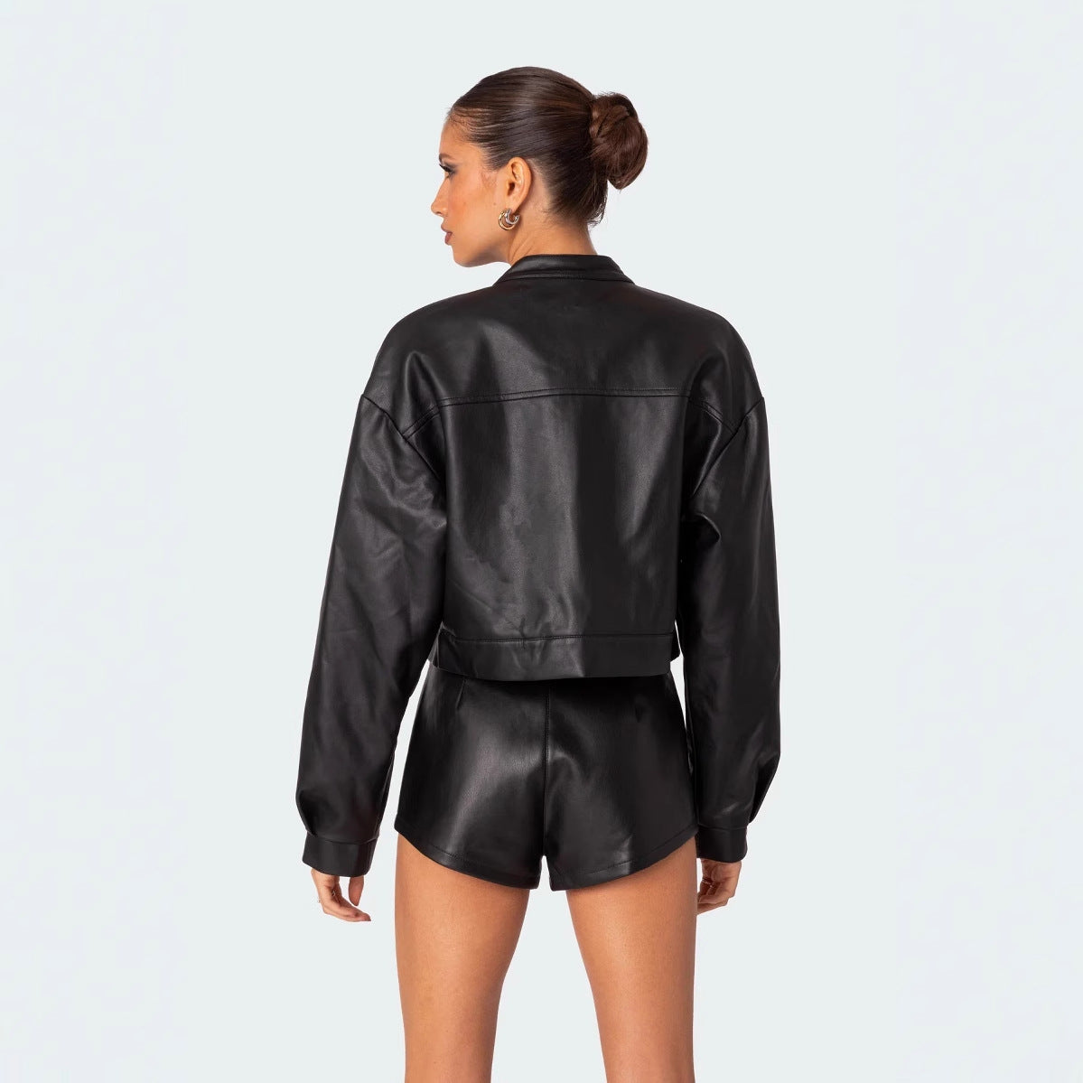 hot girl street style top wind motorcycle leather jacket hip cover shorts suit