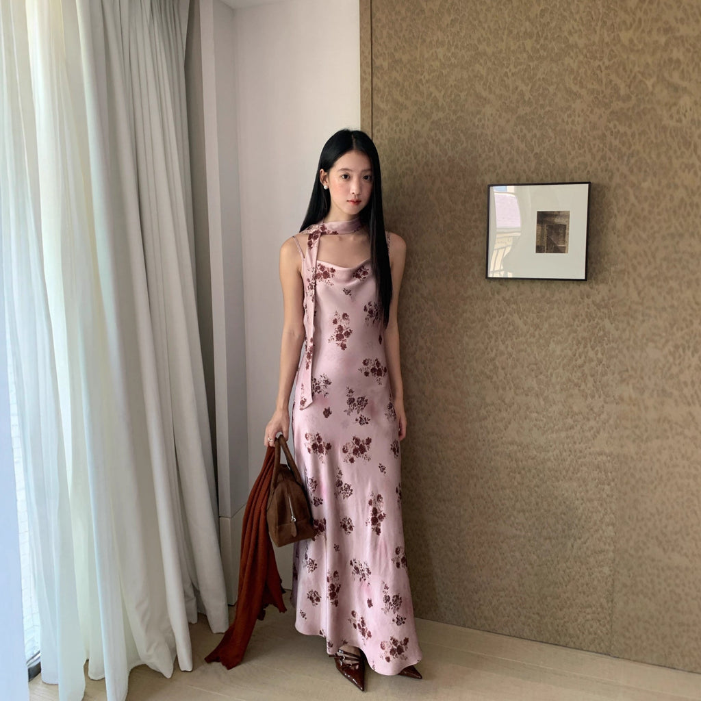 Slimming satin print slip dress