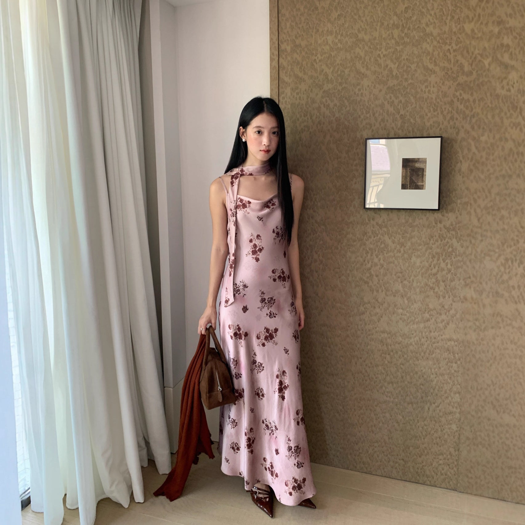 Slimming satin print slip dress