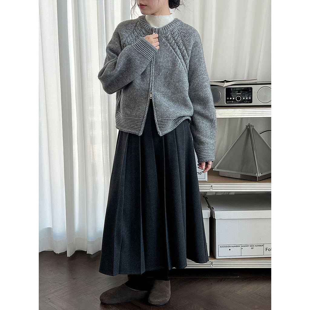 Korean double-ended zipper crew neck knitted jacket women's autumn and winter twisted flower high-end thick sweater cardigan