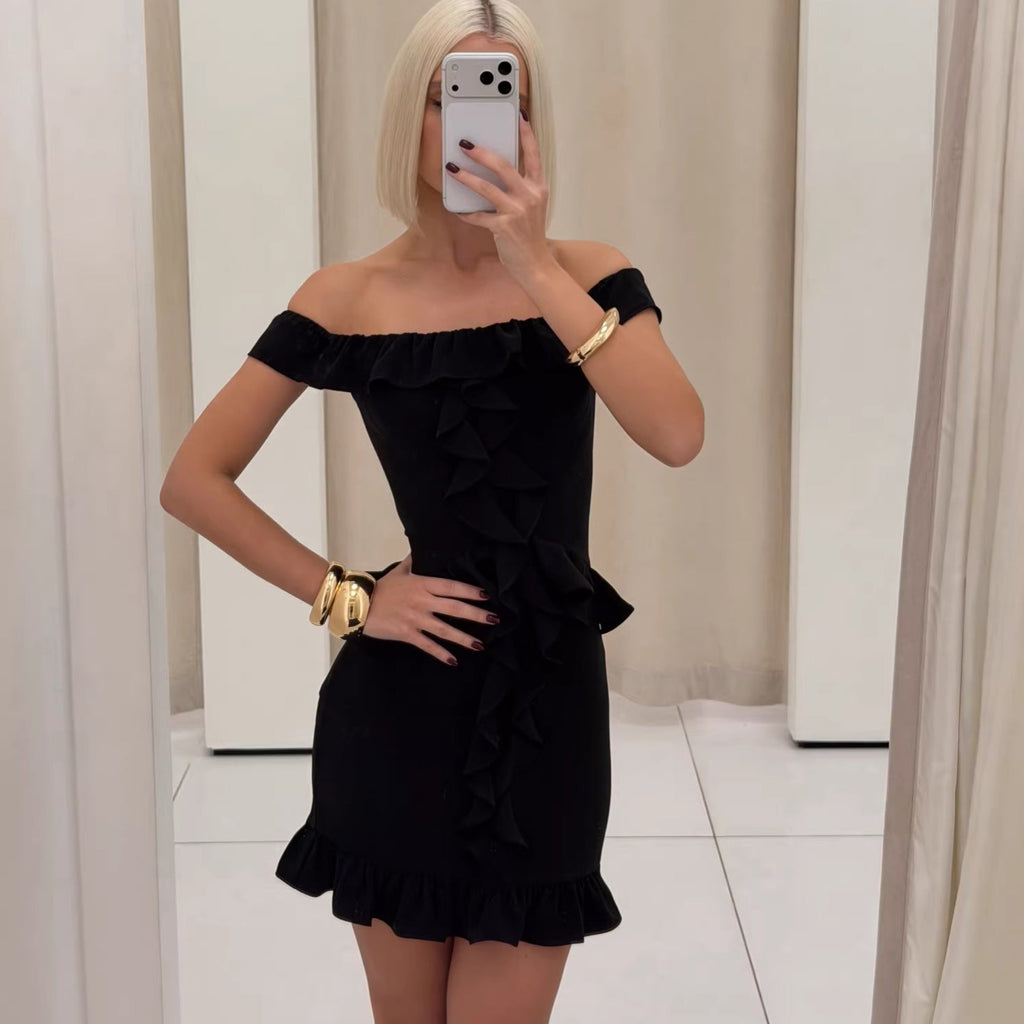 Sexy one-word shoulder dress slim-fitting ruffle edge short skirt wind waist hip skirt