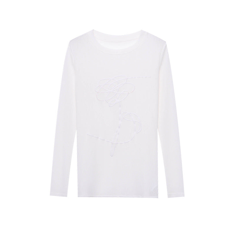 Round Neck Long Sleeve T-Shirt Women Sheer Pullover Mid-Length Top