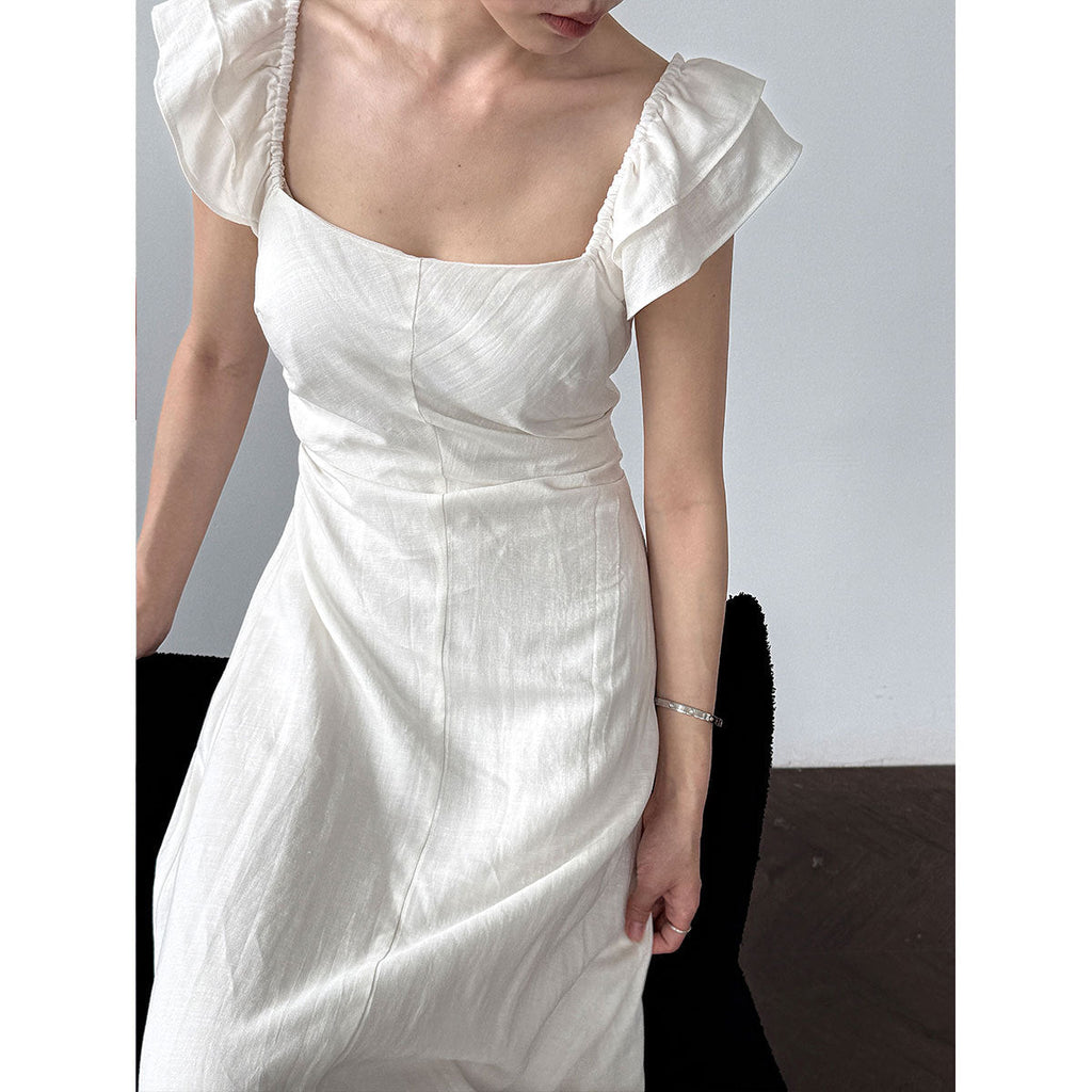 French small flying sleeve temperament dress summer new back hollow waist thin vest skirt