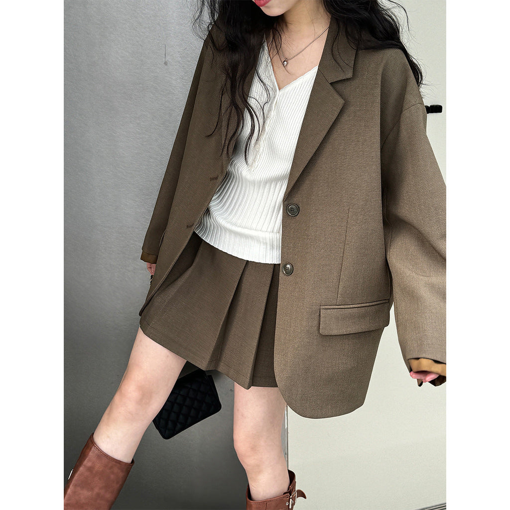 Korean high-end casual suit women's cuff splicing blazer + pleated skirt suit