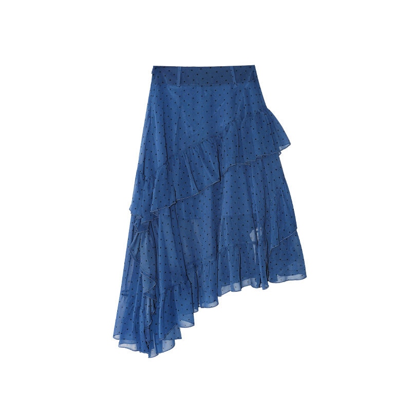 Fashion asymmetric lotus leaf stitching thin polka dot skirt