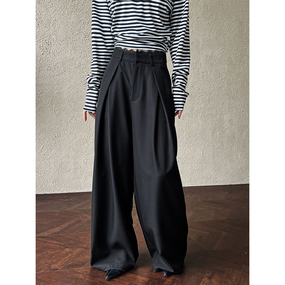 Vintage casual high-waisted lace splicing wide-leg suit pants women's spring drape straight floor trousers