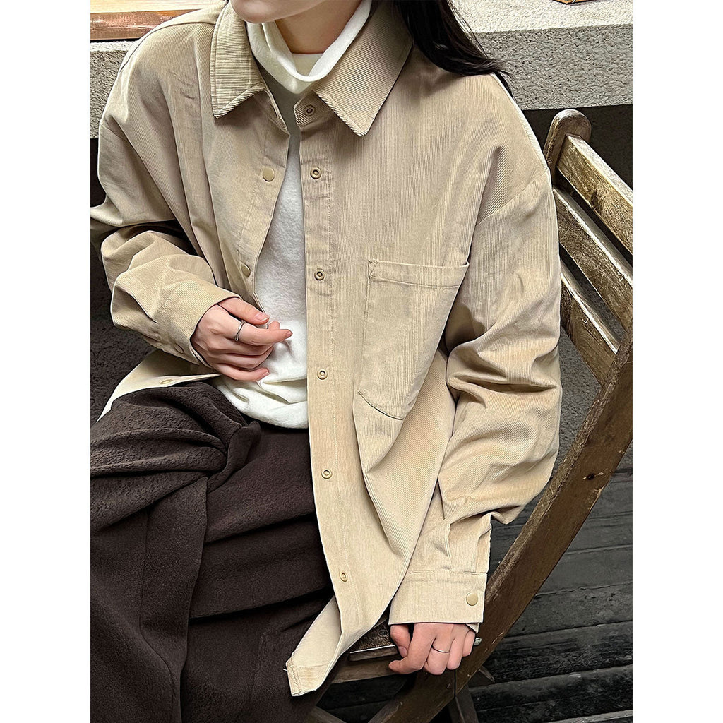 Korean lapel corduroy shirt top women's autumn new retro loose lazy coat