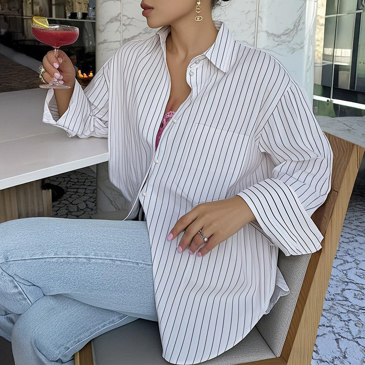 Striped Long Sleeve Blouse Women Loose Fit Round Neck Button-Up Shirt