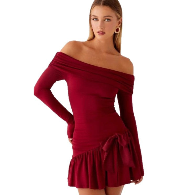 Fashion sexy irregular splicing short skirt long sleeve one-word shoulder dress