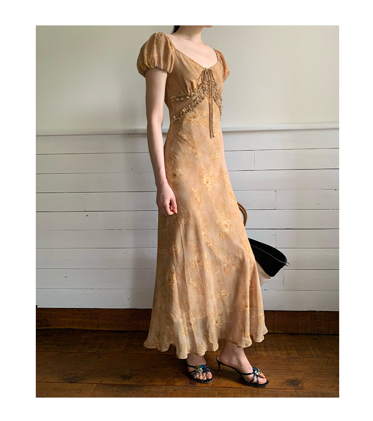 Gentle temperament waist and thin floral dress