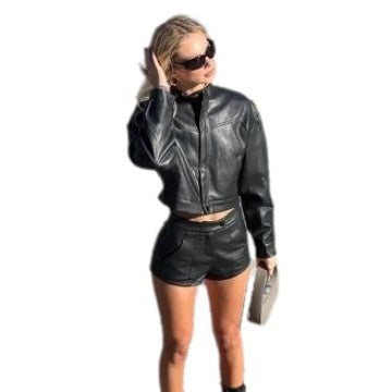 hot girl street style top wind motorcycle leather jacket hip cover shorts suit