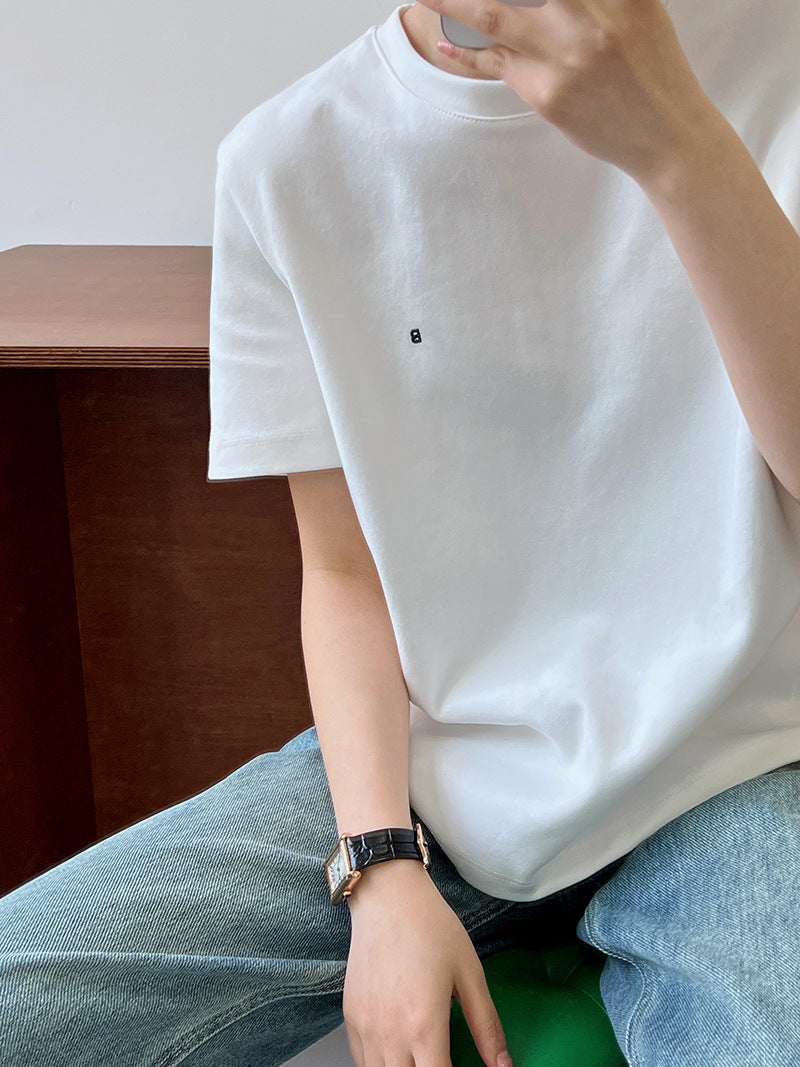 Letter embroidery simple short-sleeved T-shirt women's spring and summer new inner pullover bottoming shirt front shoulder top