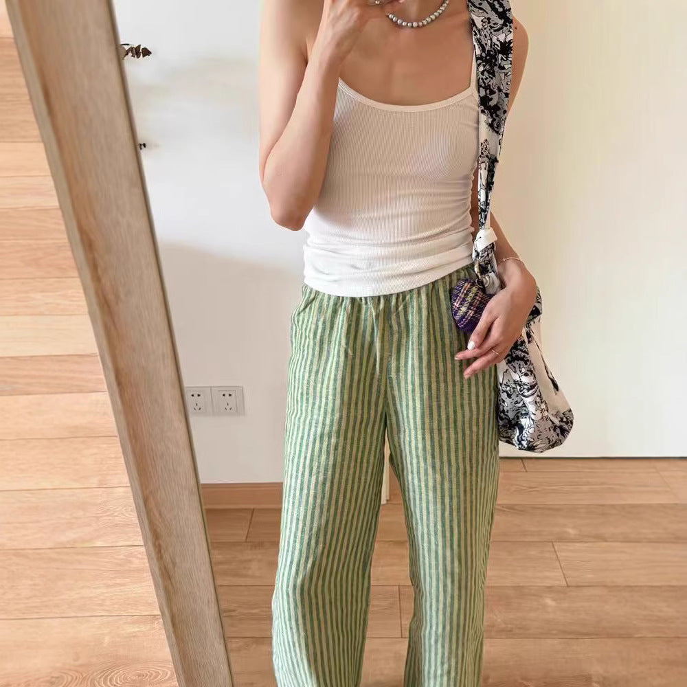 Japanese design sense niche thin casual linen striped nine-point elastic wide-leg pants children's summer new