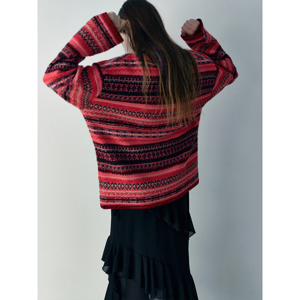 Winter new casual crew neck wool Fair Island floating line jacquard contrasting woolen cardigan