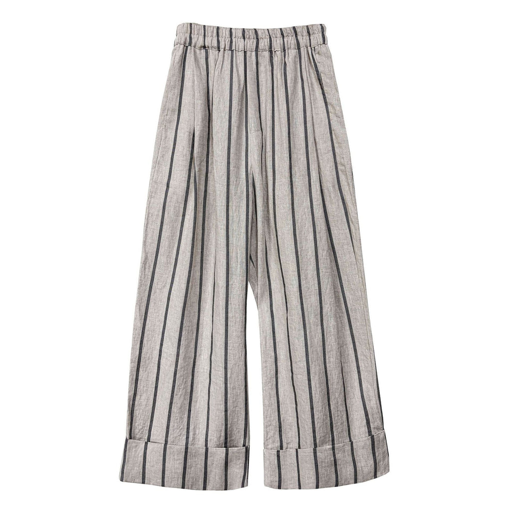 Japanese retro linen crimped casual pants spring new vertical striped nine-point wide-leg pants
