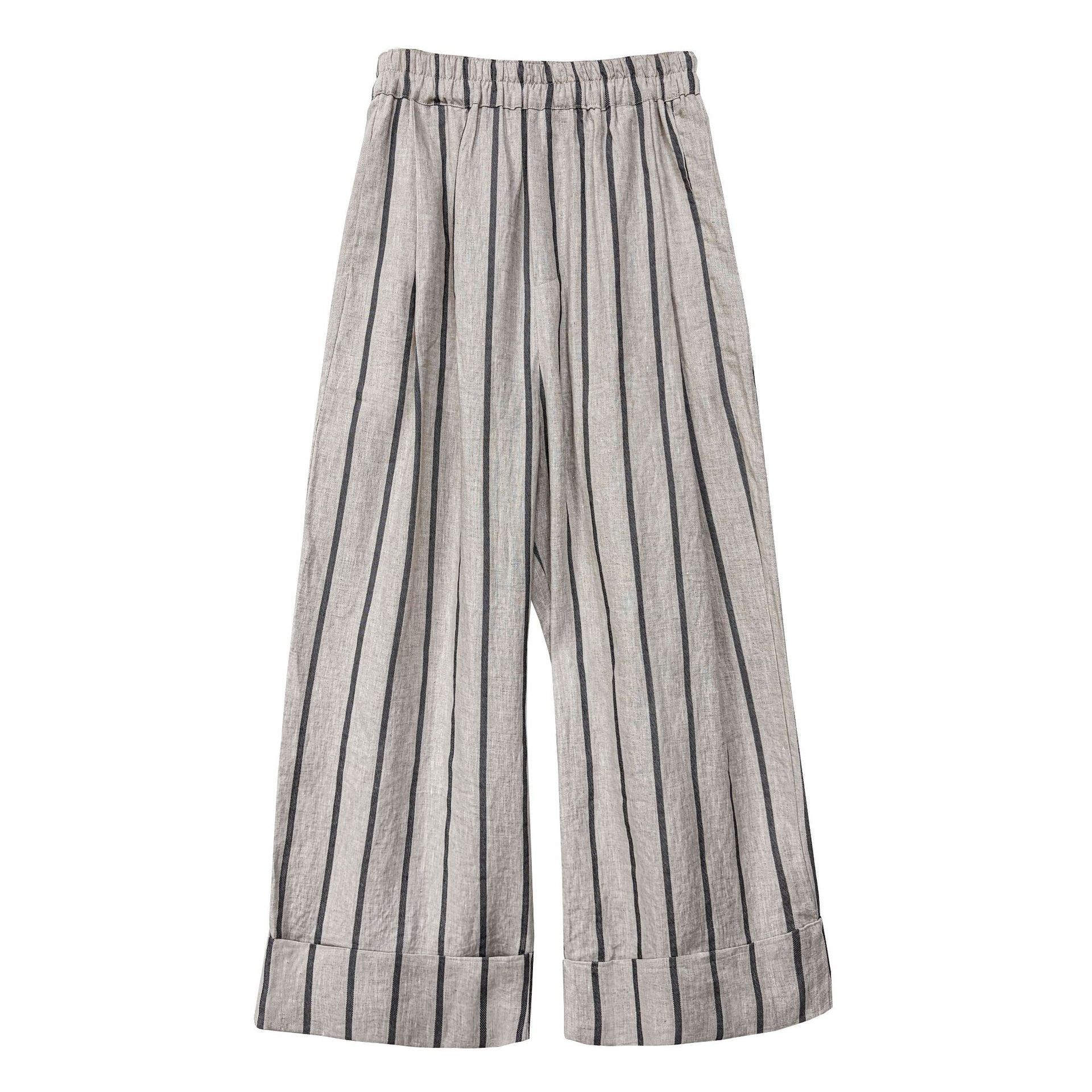 Japanese retro linen crimped casual pants spring new vertical striped nine-point wide-leg pants