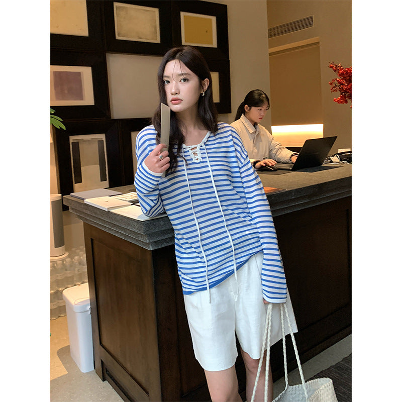 Korean striped contrasting knitted blouse
