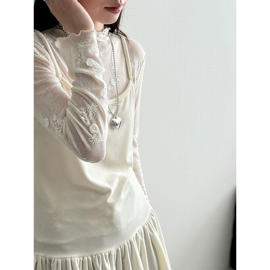 Gentle wind stand-up collar embroidered mesh bottoming shirt women's early spring new Korean inner top