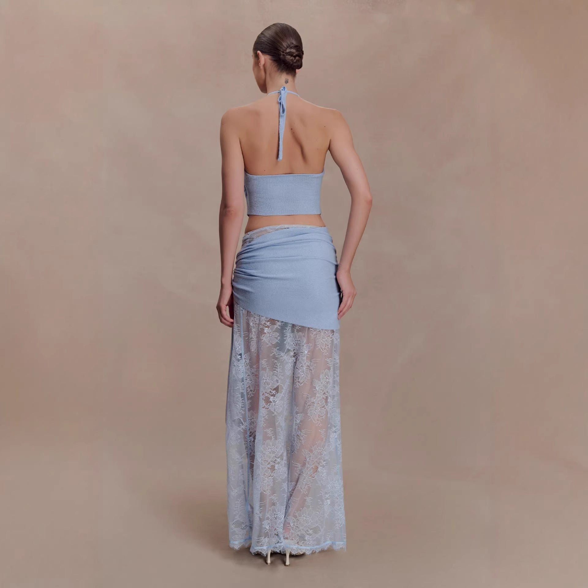 Beach vacation style sexy hollow lace skirt set swing collar top skirt two-piece set