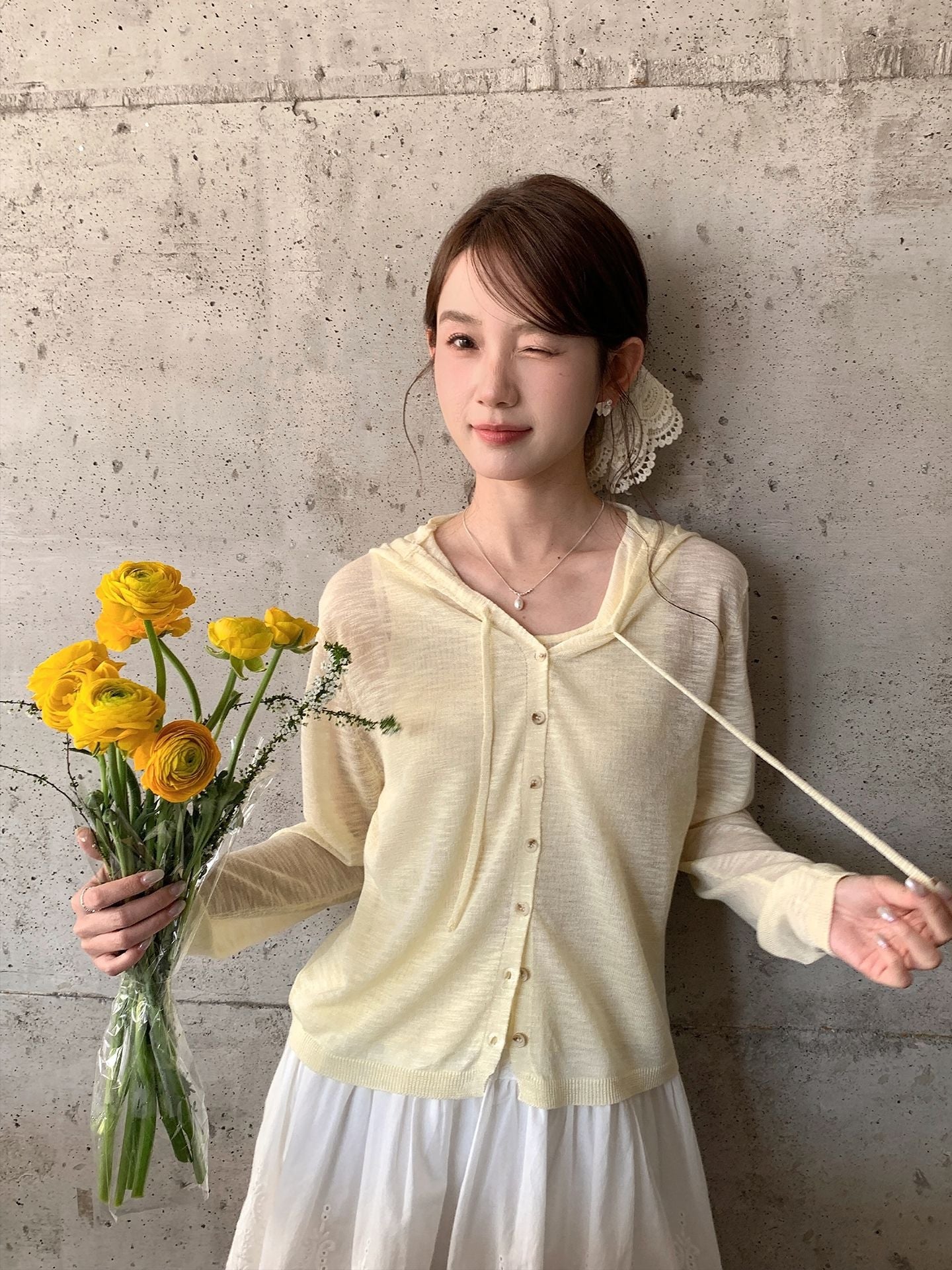 Hooded Fake Two-Piece Tencel Knit Pullover Sweater