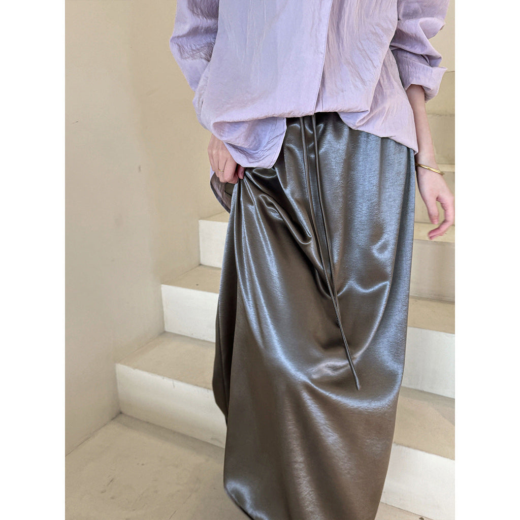 French drape satin simple drawstring skirt women's new loose and versatile medium and long A-version skirt