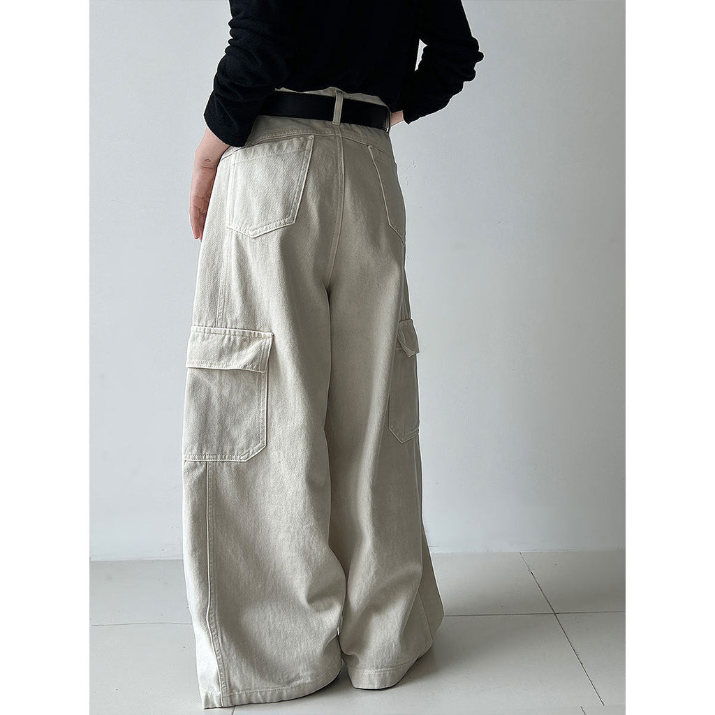 Korean retro big pocket tooling wide-leg pants
