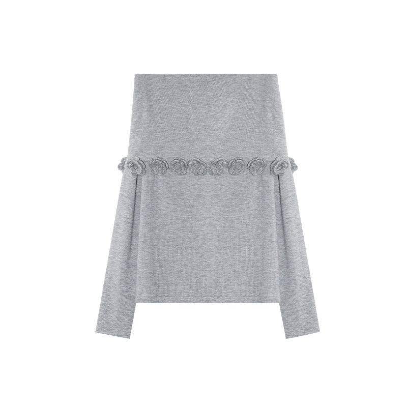 Gentle and sweet one-word collar three-dimensional flower decorative sweater for women