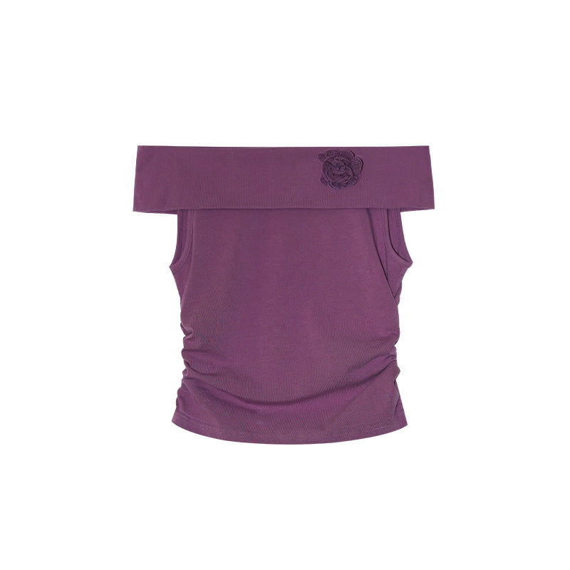 Women's Off-Shoulder Lotus-Leaf Sleeve Slim-Fit Cotton Top