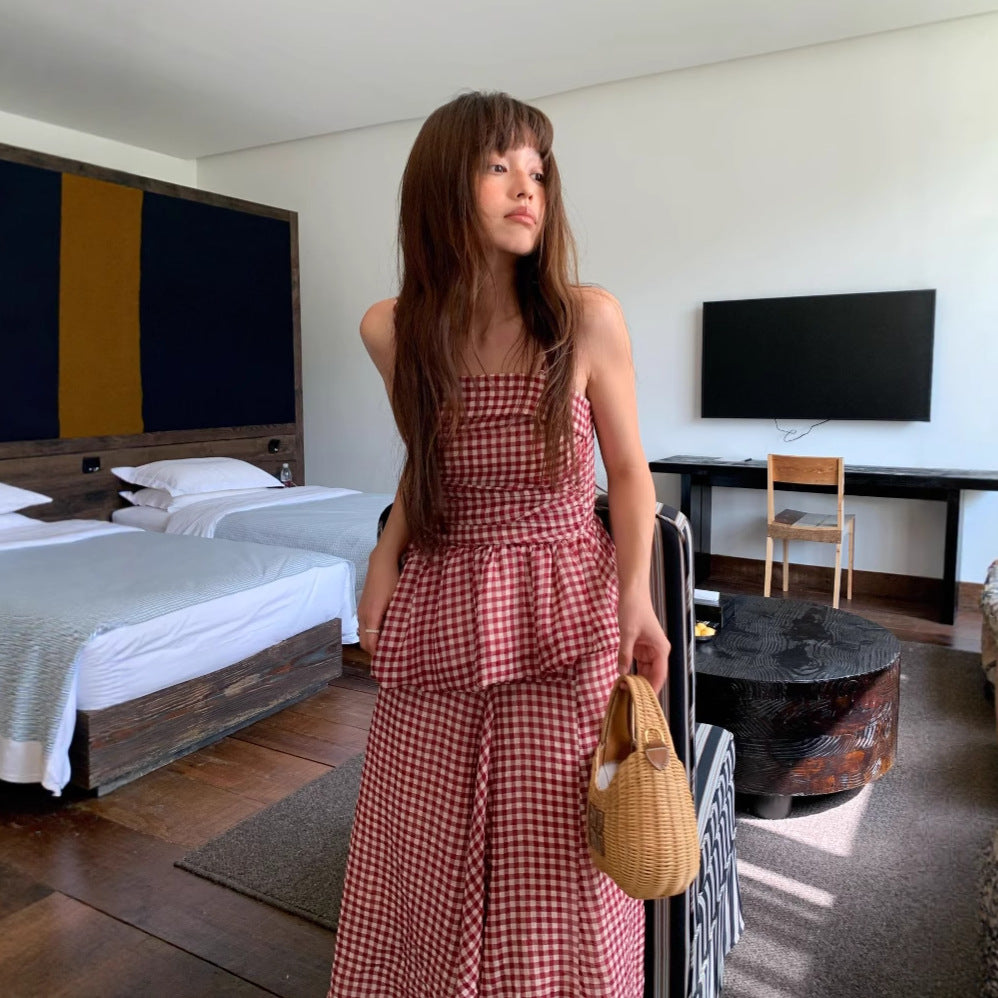 Dark red grid small fashion suit female sweet girl two-piece set