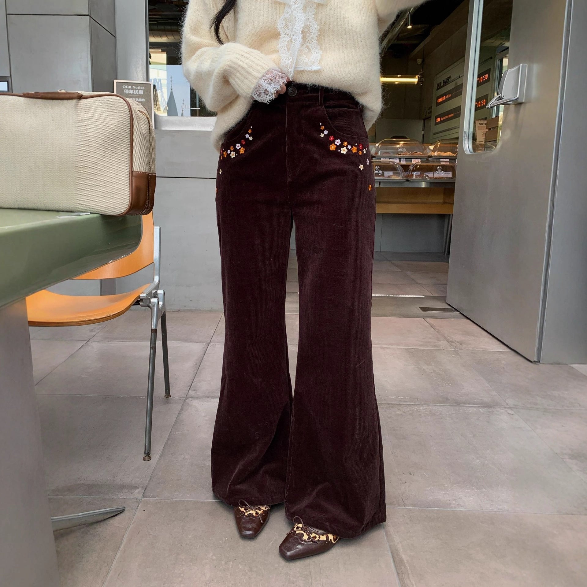 Casual fishtail pants embroidered bagged corduroy micro-pull pants women
