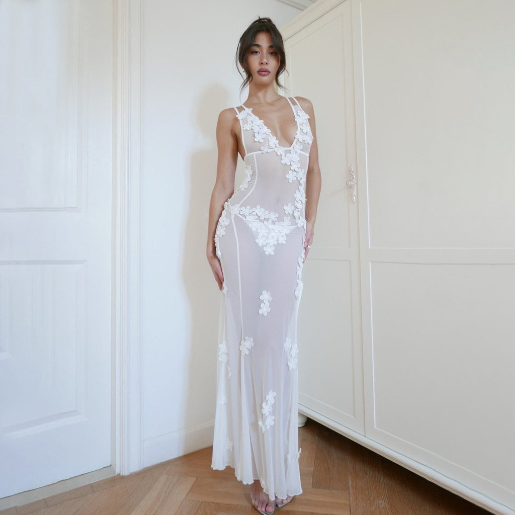 Deep V sexy applique suspender dress