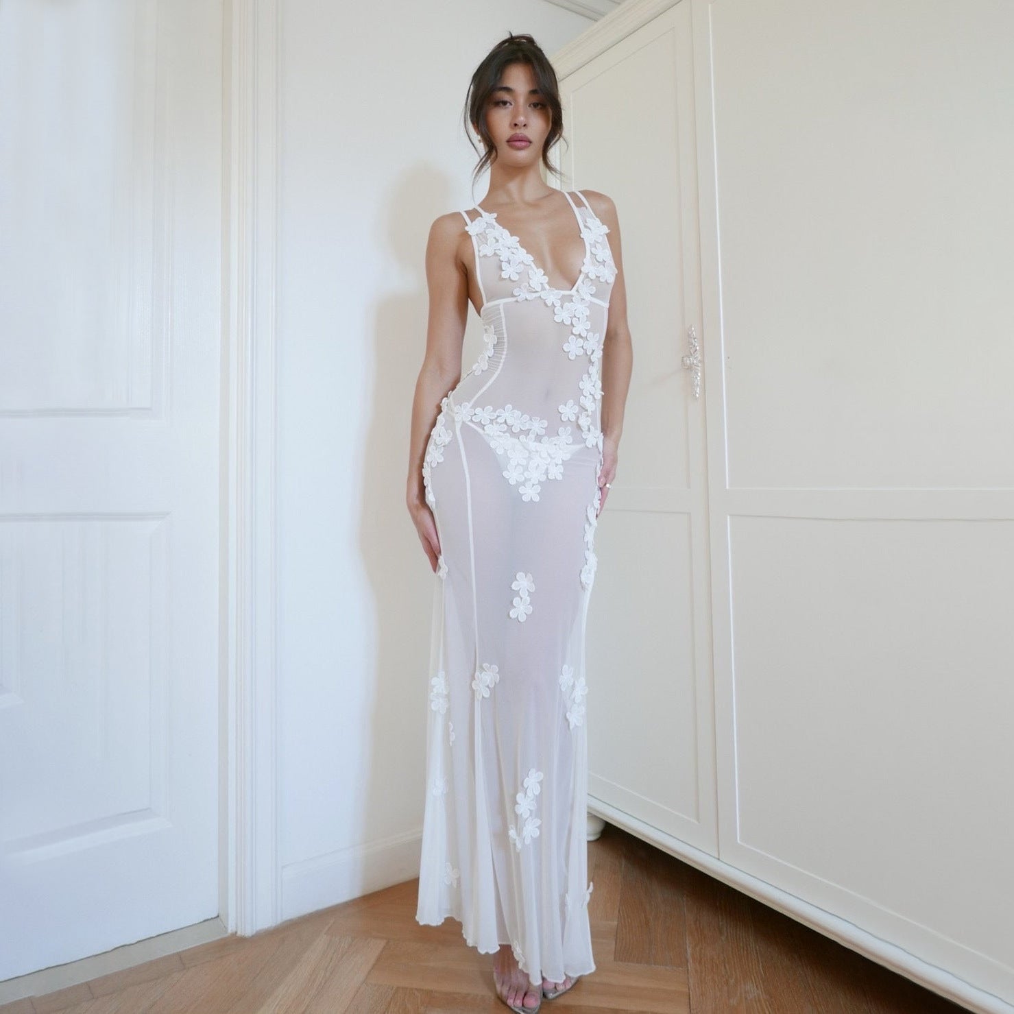 Deep V sexy applique suspender dress