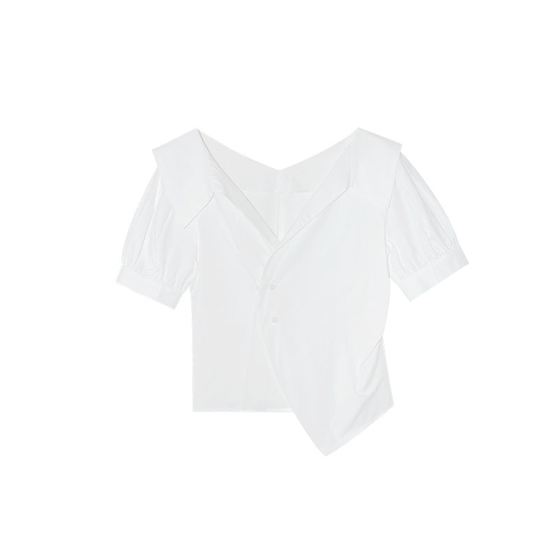 Temperament lapel irregular diagonal buckle waist thin shirt