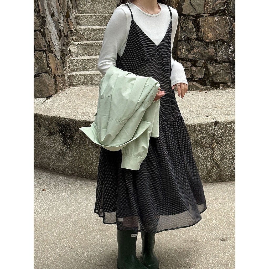 Retro polka dot perspective stacked vest skirt women's 26 early spring new niche lazy wind suspender skirt