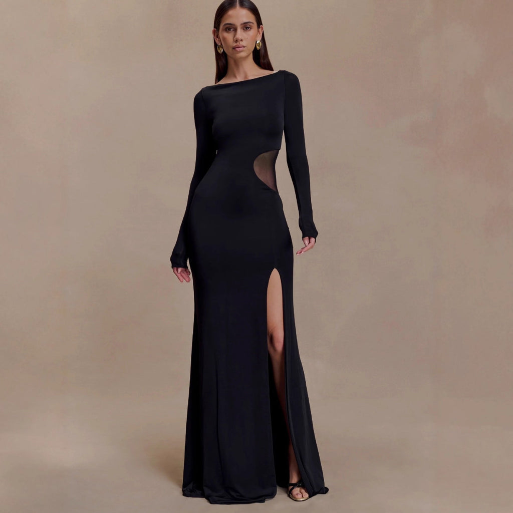 Fashion long-sleeved one-word collar split-ended long dress hollow perspective sexy dress