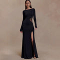Fashion long-sleeved one-word collar split-ended long dress hollow perspective sexy dress