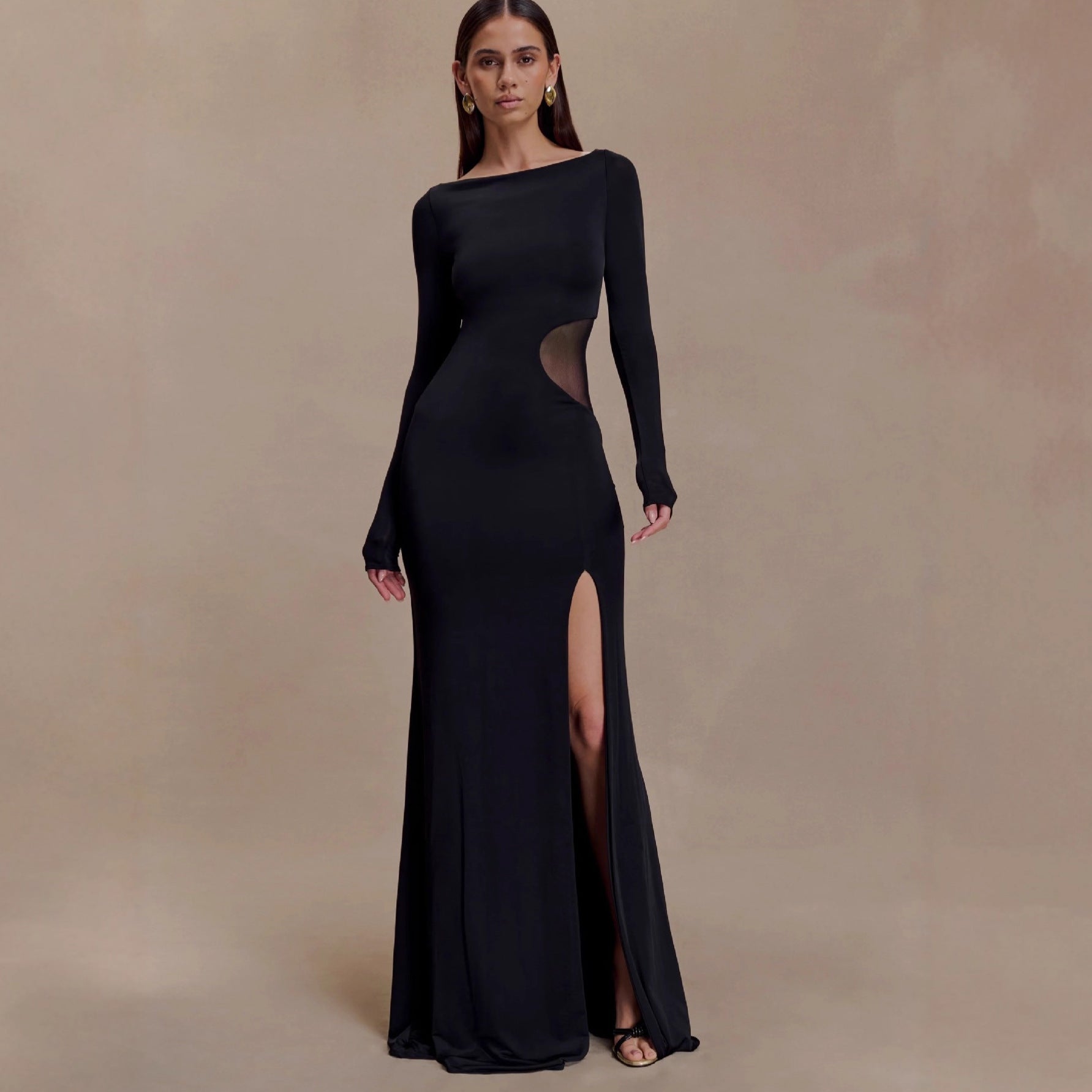 Fashion long-sleeved one-word collar split-ended long dress hollow perspective sexy dress