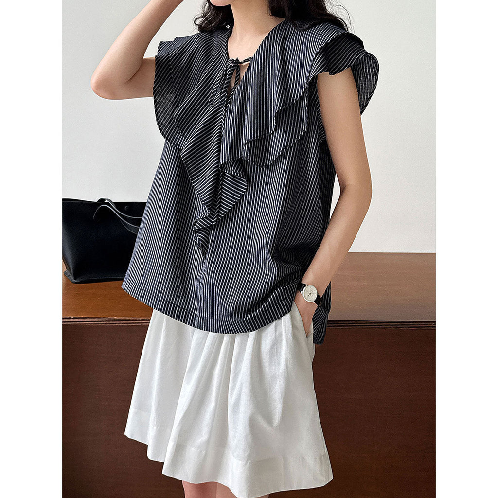 Korean design ruffle shirt women's summer new V-neck striped versatile and thin top