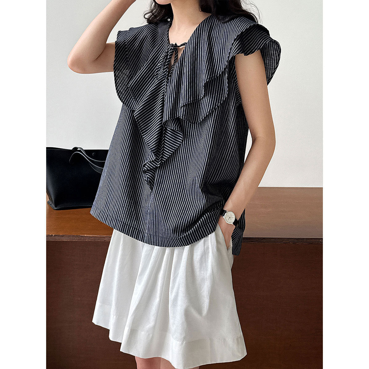Korean design ruffle shirt women's summer new V-neck striped versatile and thin top