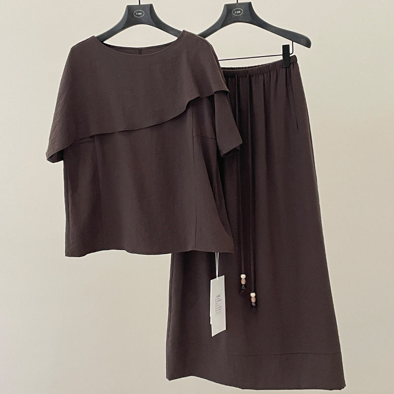 Temperament ruffle edge short-sleeved shirt + drawstring skirt two-piece set minimalist style suit spring and summer