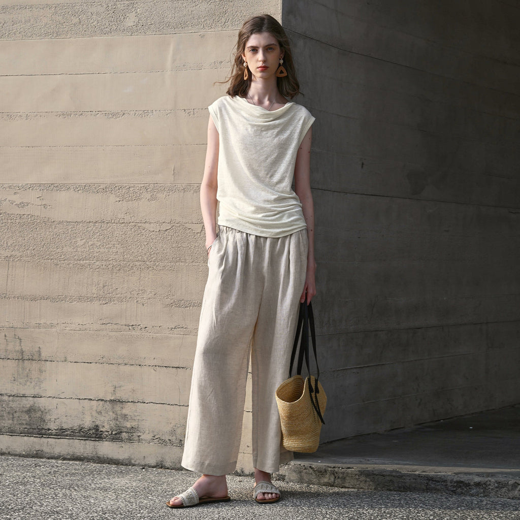 Hemp Sleeveless Top Women Slim Fit Swing Collar Knitted Shirt