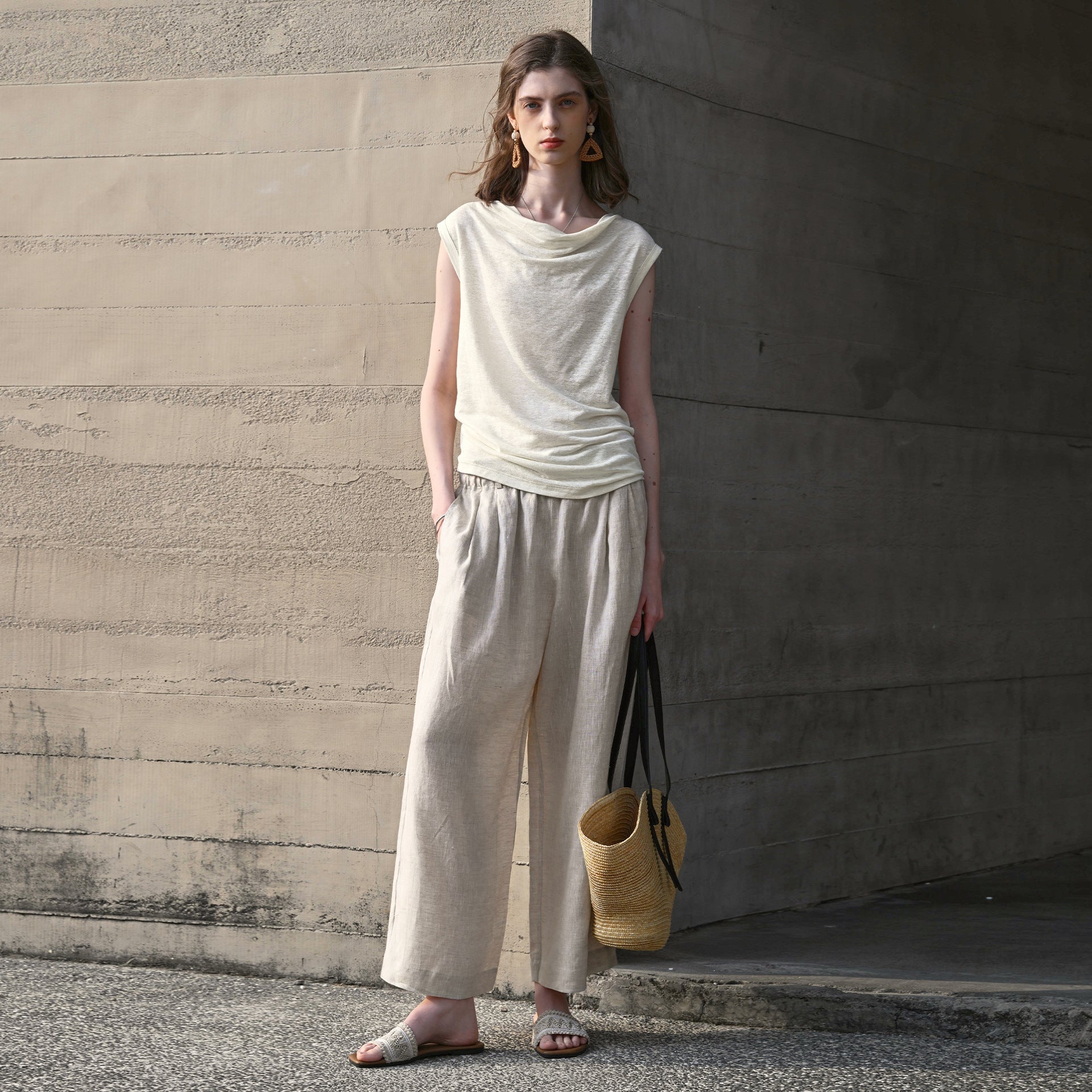 Hemp Sleeveless Top Women Slim Fit Swing Collar Knitted Shirt