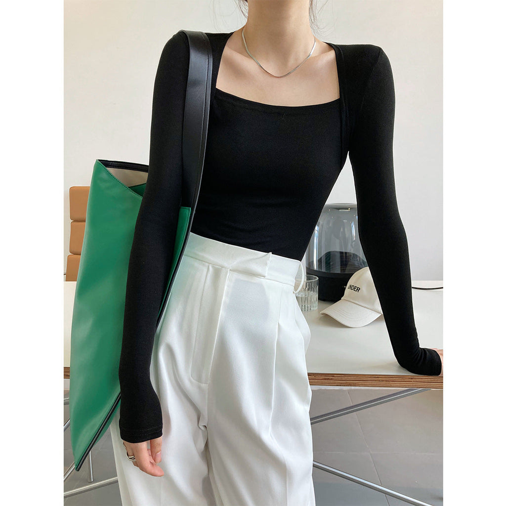French pure desire long-sleeved square neck t-shirt women's slim and thin fake two-piece top autumn thin bottoming shirt